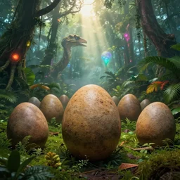 triassic, large dinosaur eggs, dinosaur close - up, lush rainbow triassic jungle, sun beams through thick fog, glowing alien artifact, les edwards, zdzislaw beksinski, carl gustav carus, john harris, michal karcz, zhang kechun, mikko lagerstedt, scott listfield, steven outram, jessica rossier