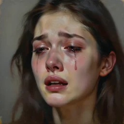hyperrealism oil painting of a person crying with black tears, visible despair