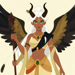 beautiful fairy, brown skin, white hair, devil's horn on her head, green eyes and the third eye on her forehead, dressed in dunhuang clothes, with black and gold wings behind her, and a brown scepter in her hand. character design, animation image design, painting by wlop
