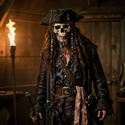 masterpiece portrait photo a dirty skull masked hunched old slim pirate lord with a black hat, long beard, long hair, black coat, ragged and torn, wooden inn by torchlight, dslr, cinematic, photography, sigma lens 7 0 mm