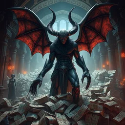 portrait of a strong satanic demon, lucifer, devil, beelzebub, satyr, standing in a huge pile of bills, greek, monastery interior in hell, intricate, highly detailed, digital painting, artstation, concept art, cinematic lighting, illustration, by artgerm, greg rutkowski, alphonse mucha, cgsociety