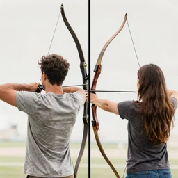 two shot of a man and woman with long brown hair shooting a bow side by side, trending on artstation, rule of thirds,
