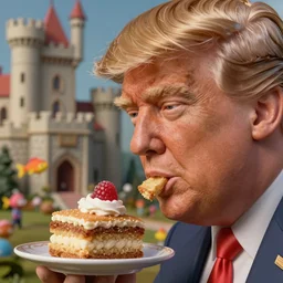 closeup profile face portrait of tin toy donald trump as aleister crowley eating cakes in the castle, nicoletta ceccoli, mark ryden, lostfish, max fleischer, depth of field, detailed and intricate environment, 8 k resolution, hyperrealistic, octane render