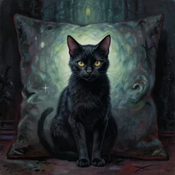 cat on a pillow. gouache by award - winning mangaka, gothic horror, impressionism, depth of field, backlighting