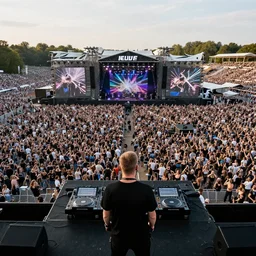 boris brejcha performing in a music festival, highly detailed photograph, hyper realistic, techno, minimal, thousands of people dancing, wide angle shot, aerial photo
