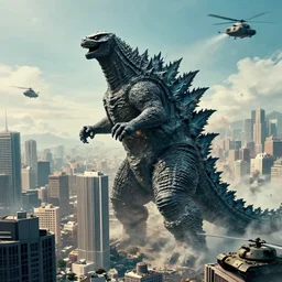 a award winning photograph of godzilla destroying skyscrapers in a large city with helicopters and tanks, smoke and destruction, cinematic