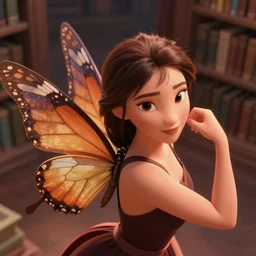 animation still frame of an attractive female with beautiful wings on her back, like a butterfly ( medium brown hair ) in an awesome pose, high angle closeup portrait, blurry background of the library, disney, pixar, bloom, medium shot, dramatic lighting, in the style of studio ghibli, j. c. leyendecker, greg rutkowski, artgerm