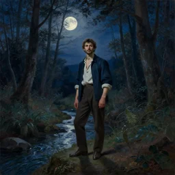 classical painting of a man standing in the forest by a creek, moonlight night, beautiful lighting