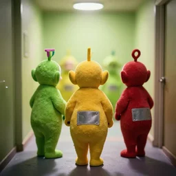 teletubbies in the backrooms, high key, disturbing, 8 k, claustrophobic, bokeh, sigma 8 5 mm f / 1. 4