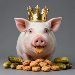 studio photograph of a pig wearing a gold crown depicted as a muppet eating pork rinds surrounded by pickles