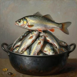 a fish on the top of a pile of fish, inside a cooking pot, side view, by vladimir kush, dystopian aer, rococo