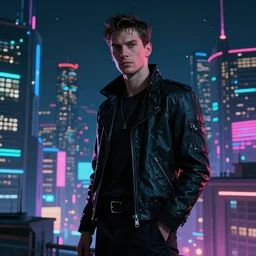 a man in a futuristic city at night, cyberpunk art by mike beeple winkelmann, cgsociety, retrofuturism, synthwave, darksynth, futuristic