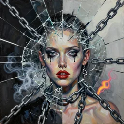 chained sophisticated depravity, mixed media collage, assemblage, oil painting, minimalist, contemporary art, punk art, photorealistic, portrait, expressionism, masterpiece, dynamic composition, spectacular quality, intricate details, shattered glass texture, chains, neon, smoke, harmonic