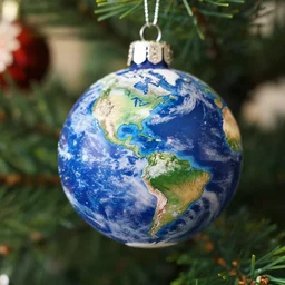 real photo of the earth as a christmas ornament on a christmas tree, close up, 3 5 mm, camera quality