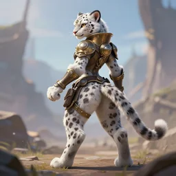a fierce snowleopard fursona stands ready for combat, view from behind of a furry wearing a steampunk suit. unimaginably beautiful, gorgeous, elegant, young woman with feline features and digitigrade legs with fluffy paws, an absurdly detailed illustration, trending on furaffinity, vraytracing, bokeh battlefield. league of legends character splash art. action pose, fantasy illustration.