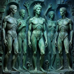 carved human figures in the background, in the style of beksinski, solarpunk, exact anatomy, atmospheric, clean, intricate and epic composition, green by caravaggio, insanely quality, highly detailed, masterpiece, blue light, artstation, 4 k