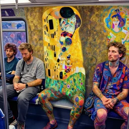 man i can't believe how full this train!! is, psychedelic, patterned skin, trending on artstation, photorealism!!, vibrant colors, digital art, in the style of harumi hironaka, gustav klimt, egon schiele, coby whitmore, david bates, monet, lisa frank, picasso, octane render.