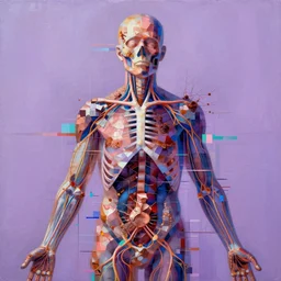 a beautiful glitched abstract geometric painting by robert proch and robert heindel of an anatomy study of the human nervous system, color bleeding, pixel sorting, copper oxide and rust materials, brushstrokes by jeremy mann, cold top lighting, pastel purple background