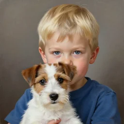 a very cute mischievous three year old boy with short straight blonde hair with a very cute wire haired jack russell terrier puppy, white with brown patches over both eyes. detailed, high quality painting by artgerm and greg rutkowski and alphonse mucha
