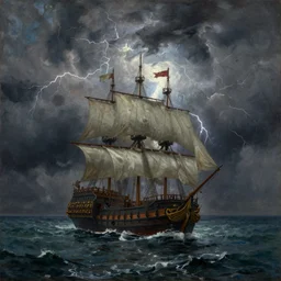 a painting of a thunderstorm in the sea, a pirate ship in the middle, dramatic, by peder balke