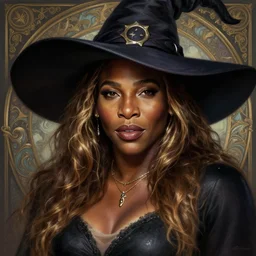 mindblowing portrait of serena williams as a witch, deep focus, d & d, fantasy, intricate, elegant, highly detailed, digital painting, artstation, concept art, matte, sharp, illustration, hearthstone, art by artgerm and greg rutkowski and alphonse mucha