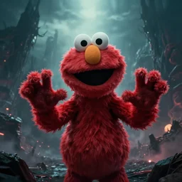 extremely scary portrait of elmo with his hands raised infront of an apocalyptic hellscape, epic fantasy art by michael whelan
