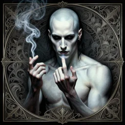 keanu reeves neo from matrix 1 as sandman, with fingers and hair turning into smoke, vertigo, shaved, pale skin!, goth, bauhaus, fantasy, intricate, elegant, highly detailed, digital painting, artstation, concept art, wallpaper, smooth, sharp focus, illustration, art by artgerm and greg rutkowski and alphonse mucha