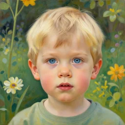 a cute three year old boy with short straight blonde hair and blue eyes in a lovely garden, beautiful painting by artgerm and greg rutkowski and alphonse mucha, highly detailed face