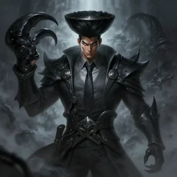 a highly detailed illustration of fierce korean man with bowl cut black hair wearing tie with giant black claws, wielding giant black fog claws pose, foggy lovecraftian black mist surrounding background, perfect face, intricate, elegant, highly detailed, centered, digital painting, artstation, concept art, smooth, sharp focus, league of legends concept art, wlop.