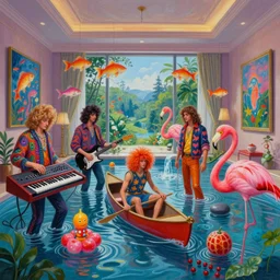 painting of an 8 0's pop band, synthesizers, neon, flamingo's, flooded, floating sculptures, luxury apartment interior with view of nature, art on the walls, fish, zen, waterfall, wild hair, canoe, berries, surrealist, by magritte and monet