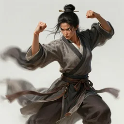 a female drunken master monk exercising by wlop, wuxia, xianxia, drunken boxing, drunken fist, drunken master, weathered olive skin, athletic, playful, beautiful, fully clothed, monk's robe, detailed, realistic, anatomically accurate, fantasy illustration, artstation, wlop.