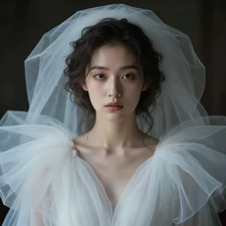 hight focus f - 2 2, 8 5 mm, iso 1 0 0 : a wonderful realistic focused sweet face mid portrait of a lonely woman with a detailed wonderful symmetrical face who is dressed with a wonderful, majestic, large semi transparent white cotton dress,, dramatic lighting, digital art, artstation