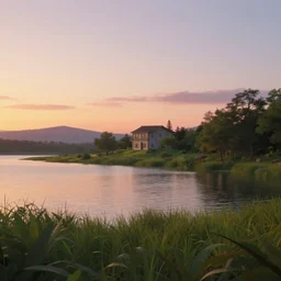 a serene landscape with a singular building near a lake at sunset, Pixar style, anime style, soft lighting, path tracing, complementary colors, calm, natural lighting, high quality, 4k, low contrast, highly detailed, octane render, unreal engine 5