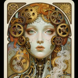 A close-up portrait of a beautiful female android wearing an intricate cracked porcelain face by Alphonse Mucha, exposed inner gears, bright soulful eyes, steampunk, gears, steam, art nouveau card, concept art, trending on artstation
