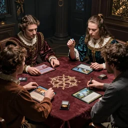 four people playing magic the gathering around a table, HD photography, dramatic lighting, contrast, accidentally renaissance