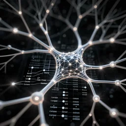 black background detailed complex neural network with bright neutrons and glowing synapses labeled data markers matrix depth of field