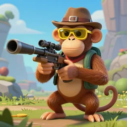 a monkey as the team fortress 2 sniper, model, rendered in sfm, wearing a fedora and yellow sunglasses