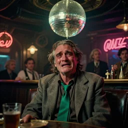 the wide shot of crying old unkempt drunkard ( ( ( ( ( ( joaquin phoenix ) ) ) ) ) ) with sideburns worn in old grey jacket with emerald tie in steampunk bar, color disco elysium movie with cinematography of christopher doyle, neon light reflectied from discoball, anamorphic, optical flares, award - winning photo, kodak film, masterpiece, 8 k