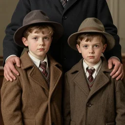 hyper - detailed accurate rendered 1 9 5 0 s retro two kids in an overcoat and hat pretending to be one adult. by jean - baptiste monge