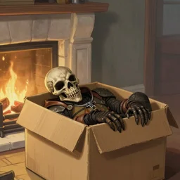 Death Claw from Fallout 4 sleeps in a cardboard box near the fireplace, beautiful art, realistic proportions, soft light, soft colors, smooth, sharp focus, illustration, art by artgerm and greg rutkowski and alphonse mucha
