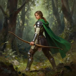 an woman with a green cape and hunter bow wearing iron armor in the middle of an forest, Matte painting , detailed painting, greg rutkowski
