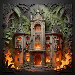 fire, burned to the ground, 1 3 3 4 building, jungle, kirigami, dichromatism, paradox, volumetric light, insanely detailed and intricate, hypermaximalist, elegant, ornate, hyper realistic, super detailed, by remedios varo uranga aw 8 df 7 9 g
