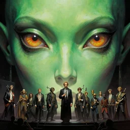 close up sci - fi concert poster art simon stalenhag bird reptile eyes, green skin, elegant, highly detailed, centered, digital painting, concept art, smooth, sharp focus, illustration, artgerm, tomasz alen kopera, peter mohrbacher, donato giancola, joseph christian leyendecker, wlop, frank frazetta