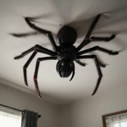 picture of bedroom ceiling with spider monster elon musk crawling on ceiling, horror, cryptid, monster, horror, black, dark, horror,