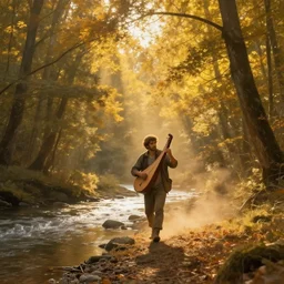 A legend of kora background painting of an adventurer walking along the river bank in a forest during the golden hour in autumn, surrounded by dust and volumetric light shining through the tree tops