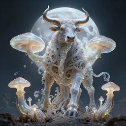 a theriomorphic holobiont, mushroom, concept art, mycorrhiza, bull god with horns, moon, translucidluminescence, iridescent, intricate, kim jung gi, james jean, shaun tan, meridians, organic detail, cinematic, epic wide shot, ultra detailed, sharp focus, smooth, global illumination, photorealistic, 8 k render