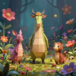 low poly, pixar, un surreal hybrid animals, nostalgia for a fairytale, magic realism, flowerpunk, mysterious vivid colors by andy kehoe and amanda clarke en un mundo de gediminas pranckevicius