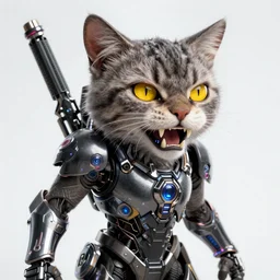a humanoid with cat-like features, yellow eyes, teeth that protrude past the lower lip (sort of like a saber-tooth tiger) and fine grayish fur on their faces and backs of their hands wearing futuristic alien armor and carrying weapons, octane,