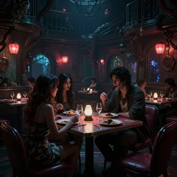 diner, horror scene, dim neon lighting, beautiful volumetric-lighting-style atmosphere, eerie atmosphere, intricate, detailed, photorealistic imagery, artstation