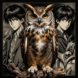 beautiful hyperrealist highly detailed cinematic lighting studio portrait of a great horned owl, symmetrical full body, high contrast wood engraving, kentaro miura and junji ito manga style, shocking detail trending on artstation 8 k